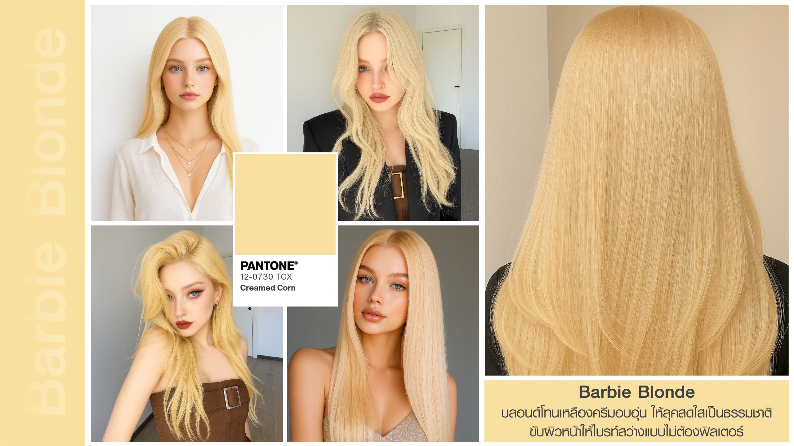 ผู้หญิงทำสีผมบลอนด์โทนอุ่น Barbie Blonde ตามเทรนด์ปี 2025 พร้อมไฮไลต์เพิ่มมิติ