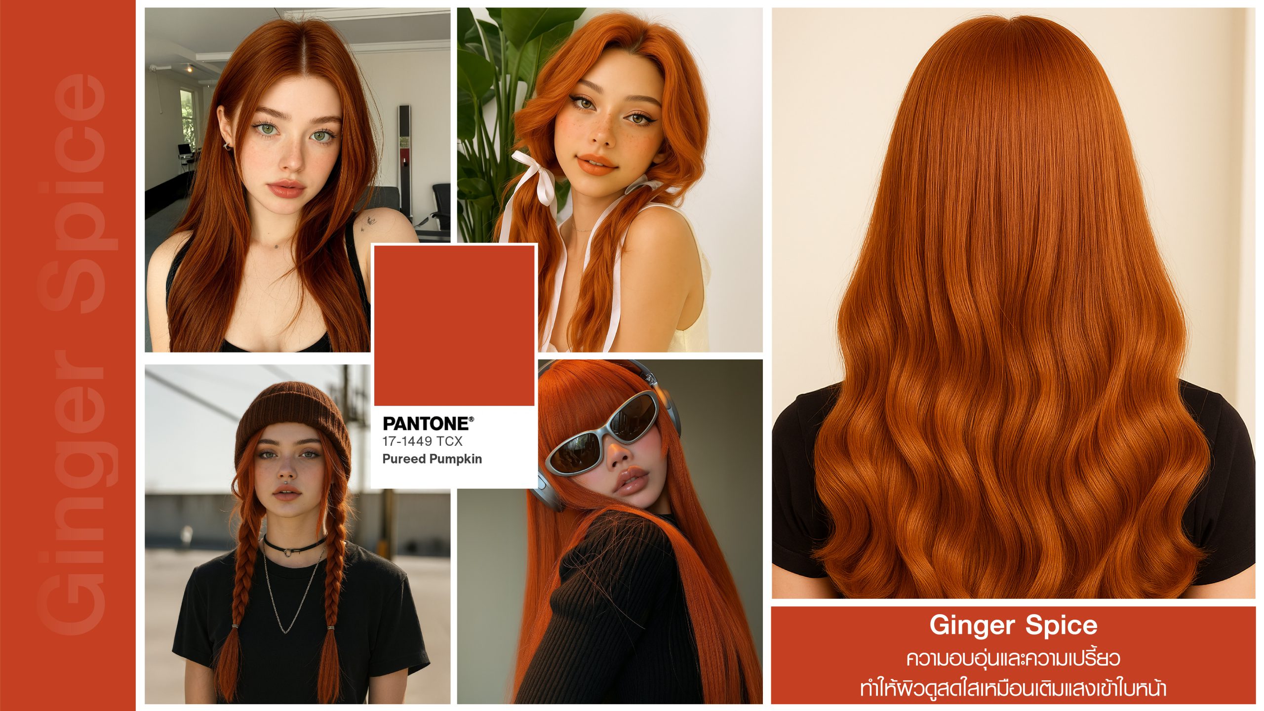 ผมสีน้ำตาลประกายส้ม Ginger Spice โทนอบอุ่น ช่วยขับผิวให้ดูไบรท์ขึ้น เหมาะกับทุกโทนผิว