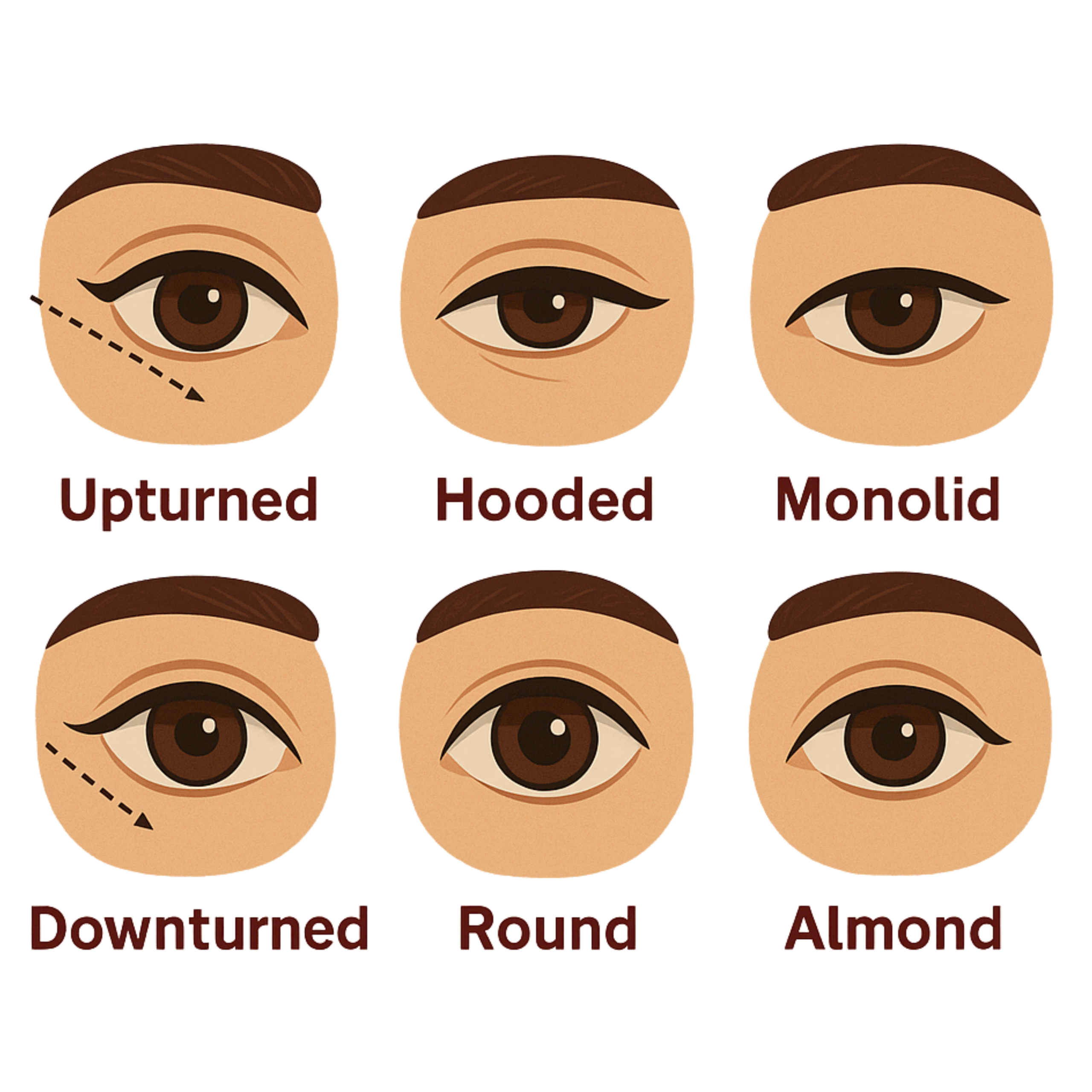 อินโฟกราฟิกเช็กรูปตา 6 แบบ: Upturned, Hooded, Monolid, Downturned, Round, Almond — ใช้เทียบเพื่อเลือกทรงต่อขนตาที่เหมาะ 