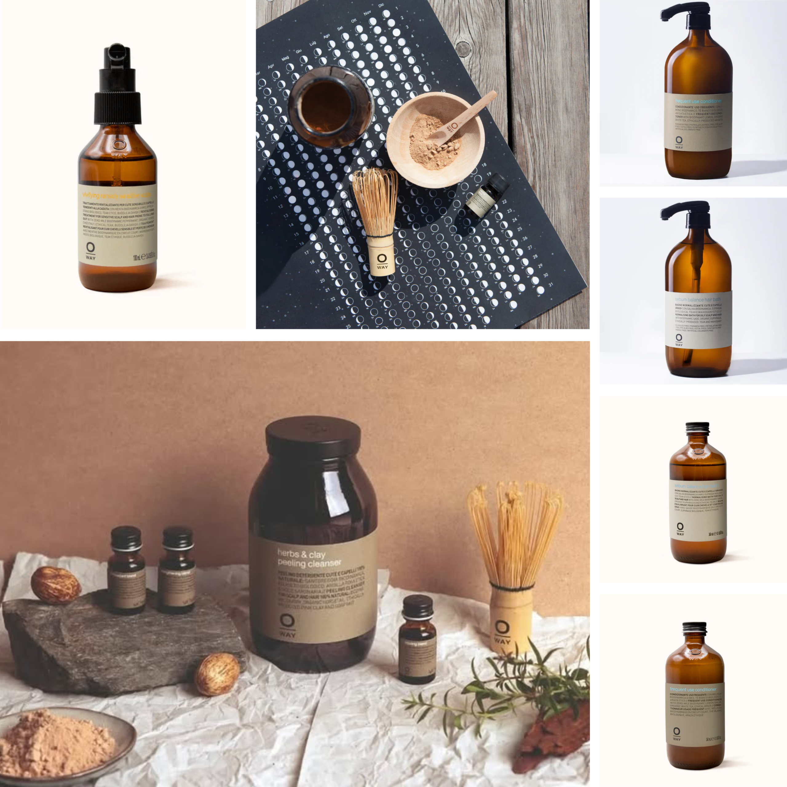 ขวดผลิตภัณฑ์ดูแลเส้นผมและหนังศีรษะ จาก Oway จัดวางบนโต๊ะพร้อมพร็อพธรรมชาติ